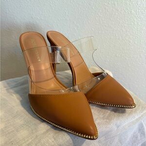 BCBGeneration brand new tan and clear heel